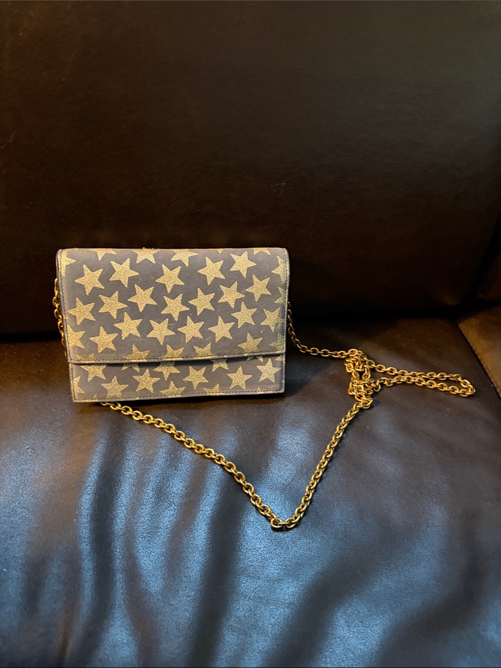 J Crew Star Print Crossbody Bag in Blue with Gold Chain